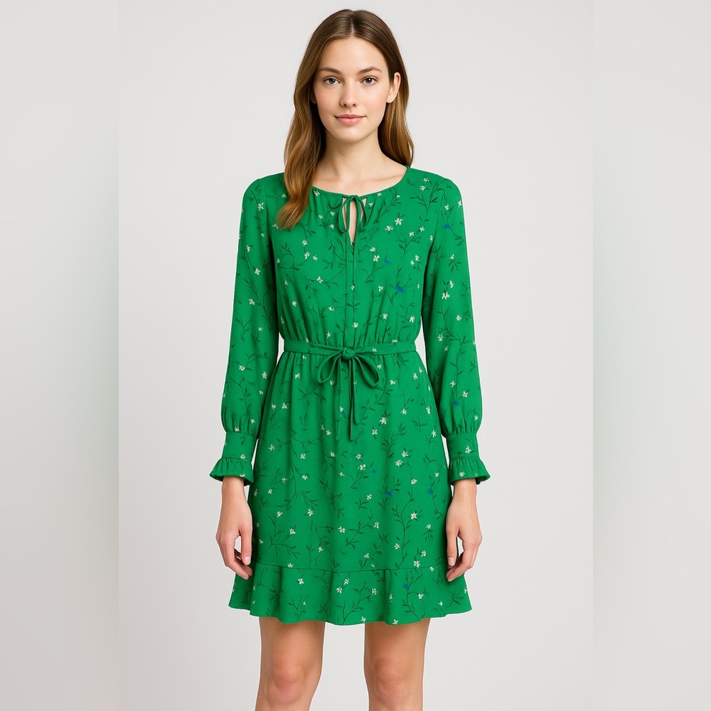CeCe Green Floral Print Long Sleeve Belted Mini Spring Dress Size Small Lined